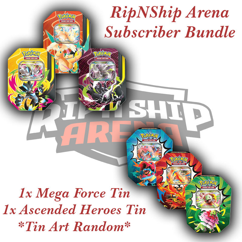 RipNShip Arena Subscriber Bundle: 1x Mega Forces Tin & 1x Ascended Heroes Tin *Pre-Order*